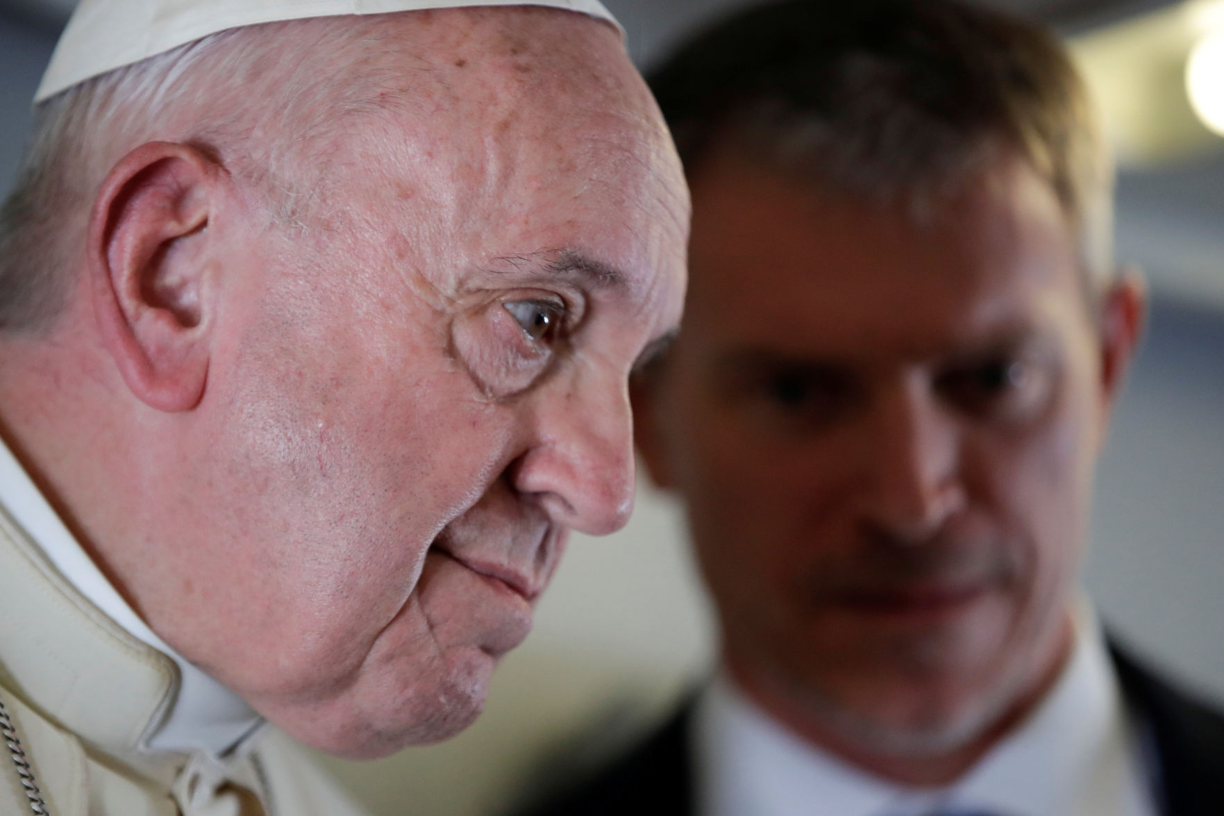 Pope Francis addresses journalists during his flight from Antananarivo to Rome